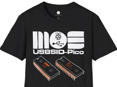 USBSID-Pico fan t-shirt design featuring the logo and SID chips